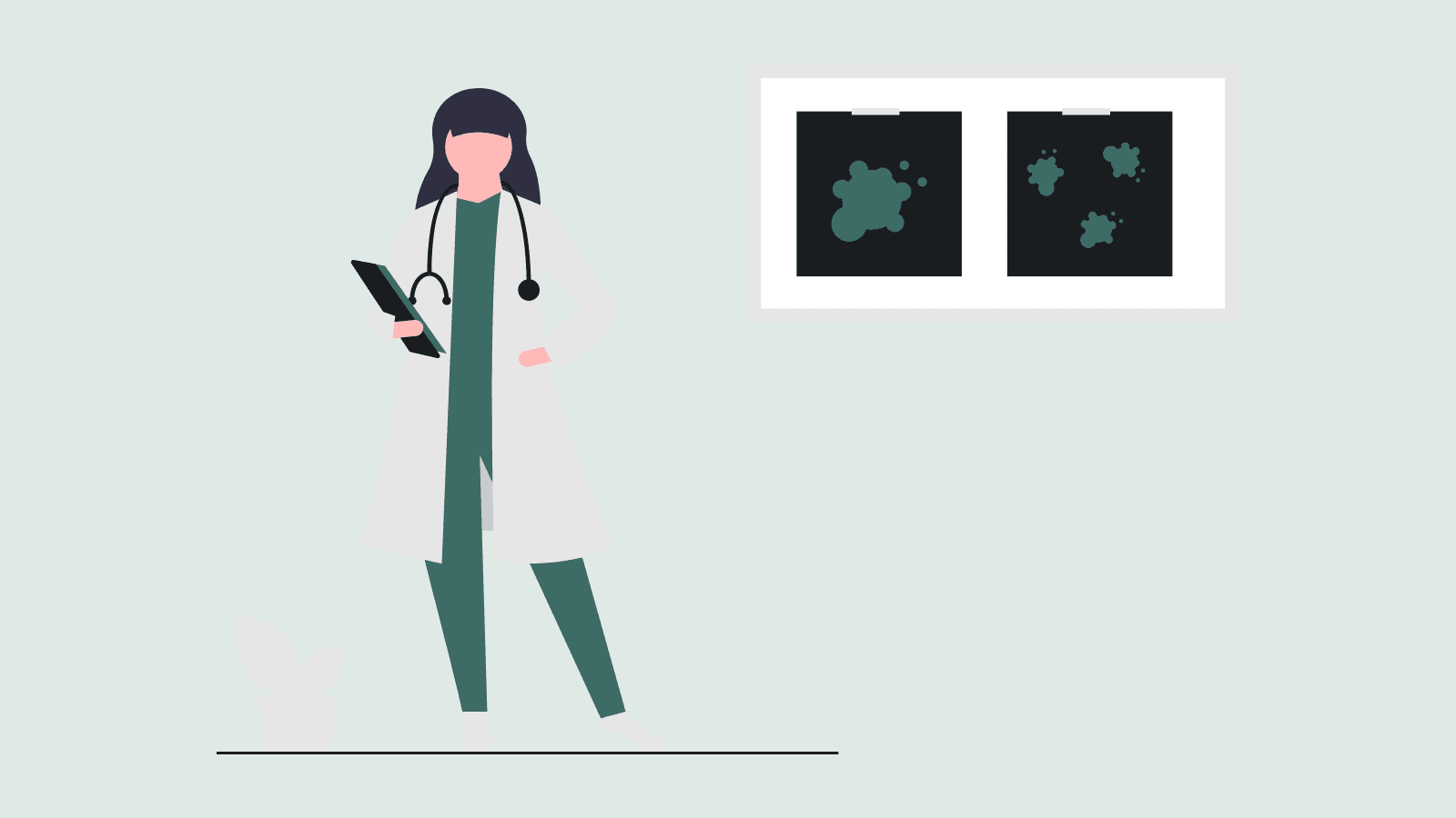 An illustration of a doctor with a clipboard beside two brain scans showing lesions